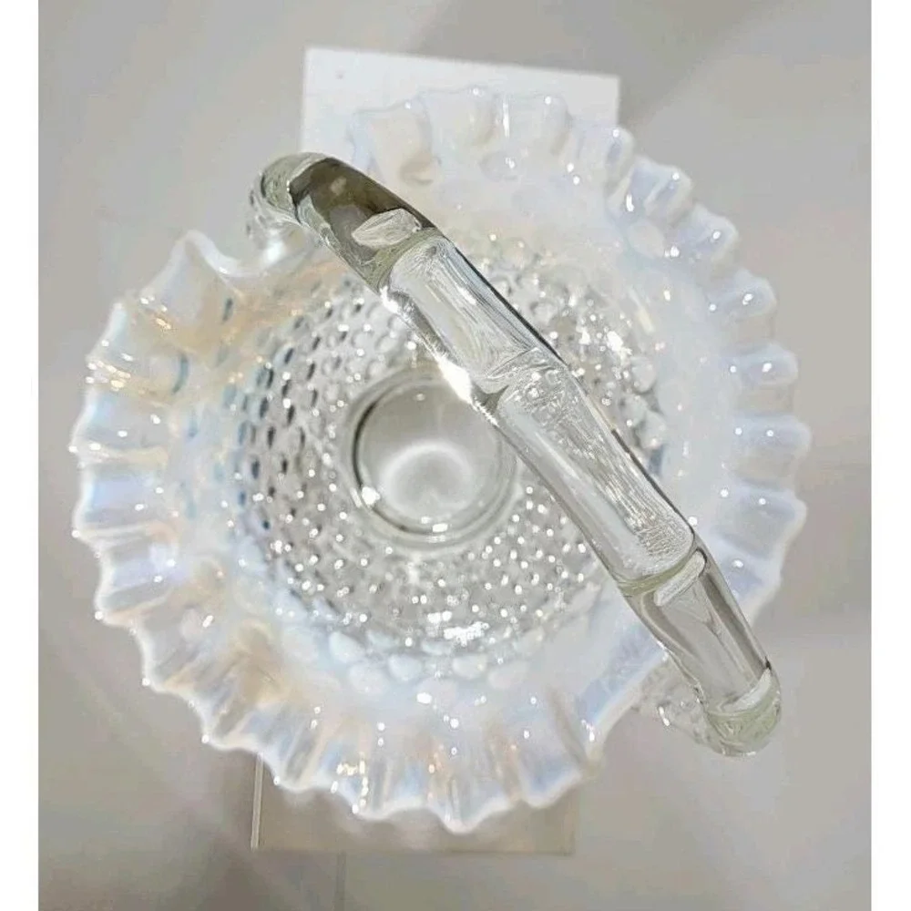 Fenton Hobnail White Opalescent Milk Glass Basket Ruffled Rim Bamboo Handle 7in